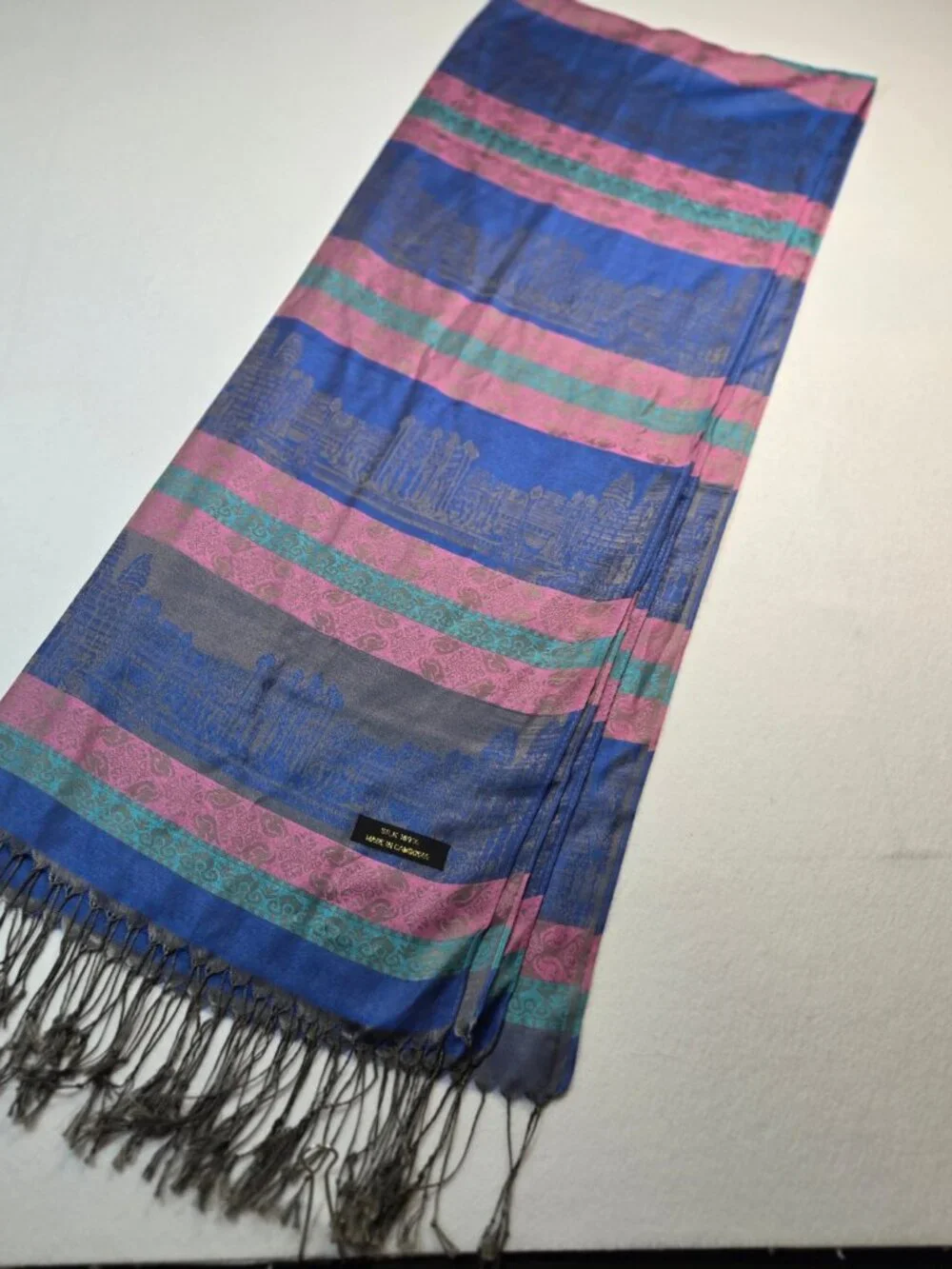 Silk 100 %‎ scarf wrap shawl blue / pink paisley striped made in kashmir